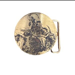 Oden Buckle Longhorn Engraved With Cowboy Roping Cattle Brass Western Vintage